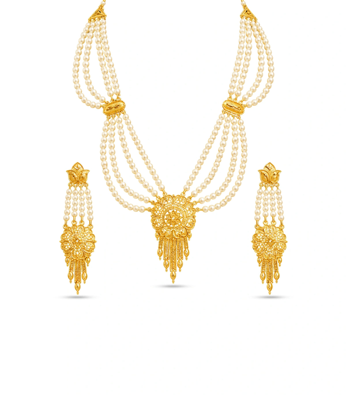 Gold Plated Circular Medallion Pearl Necklace Set