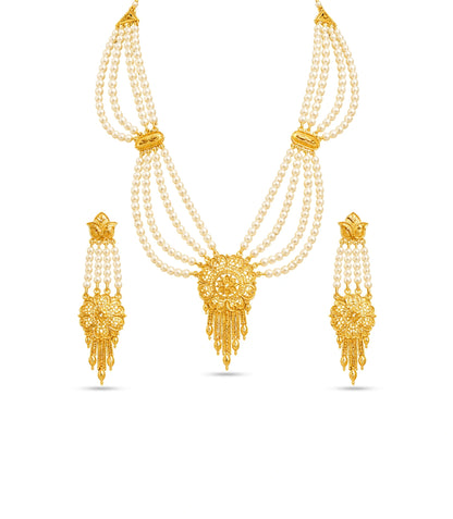 Gold Plated Circular Medallion Pearl Necklace Set