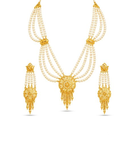 Gold Plated Circular Medallion Pearl Necklace Set