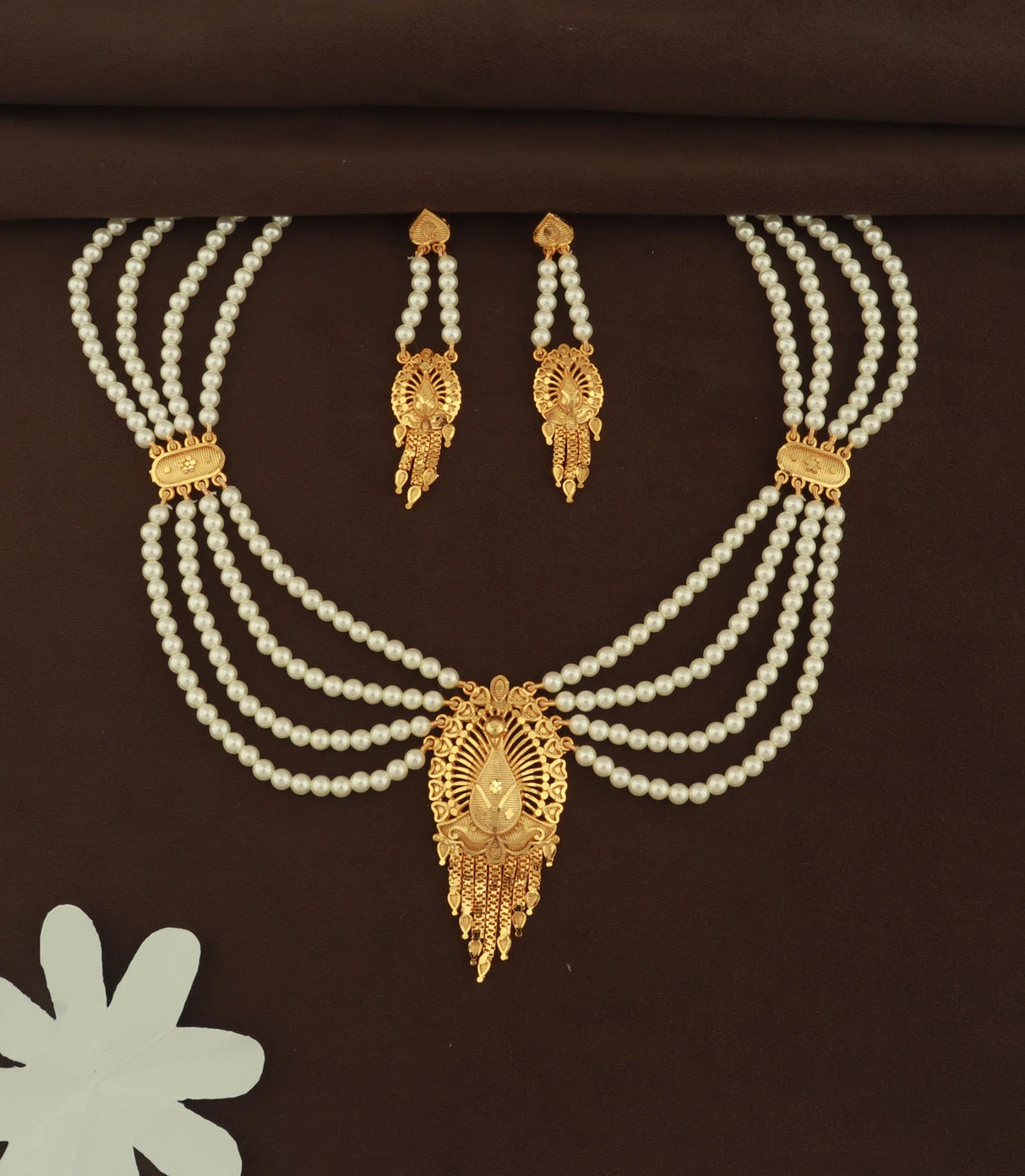 Gold Plated Pearl Strand Draped Necklace Set
