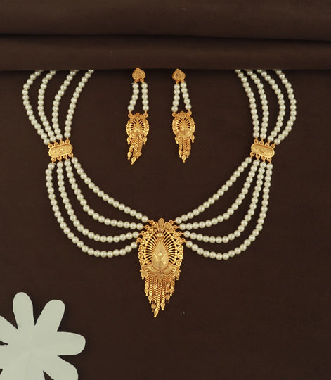 Gold Plated Pearl Strand Draped Necklace Set