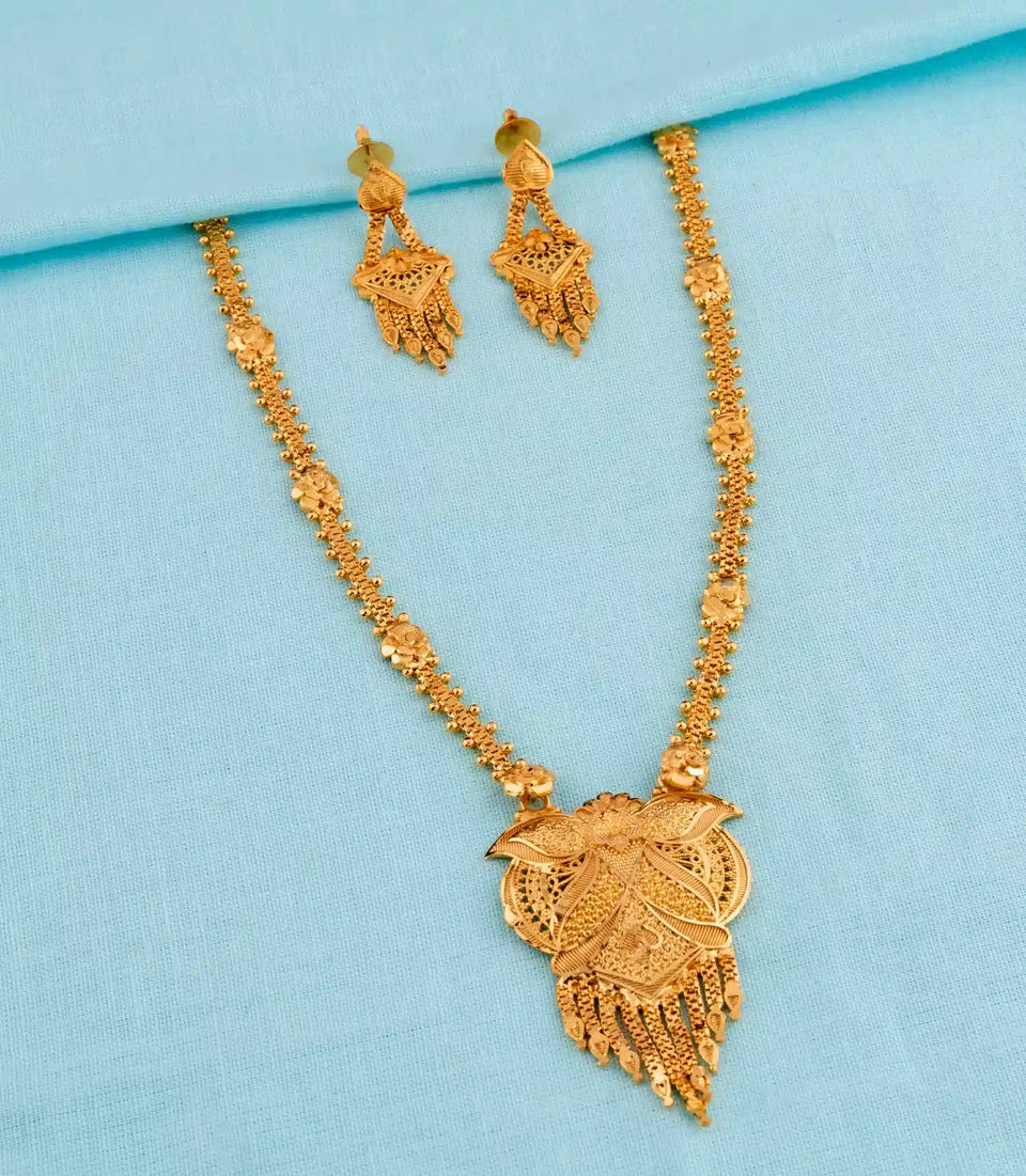 Gold Plated Floral Crest Long Necklace