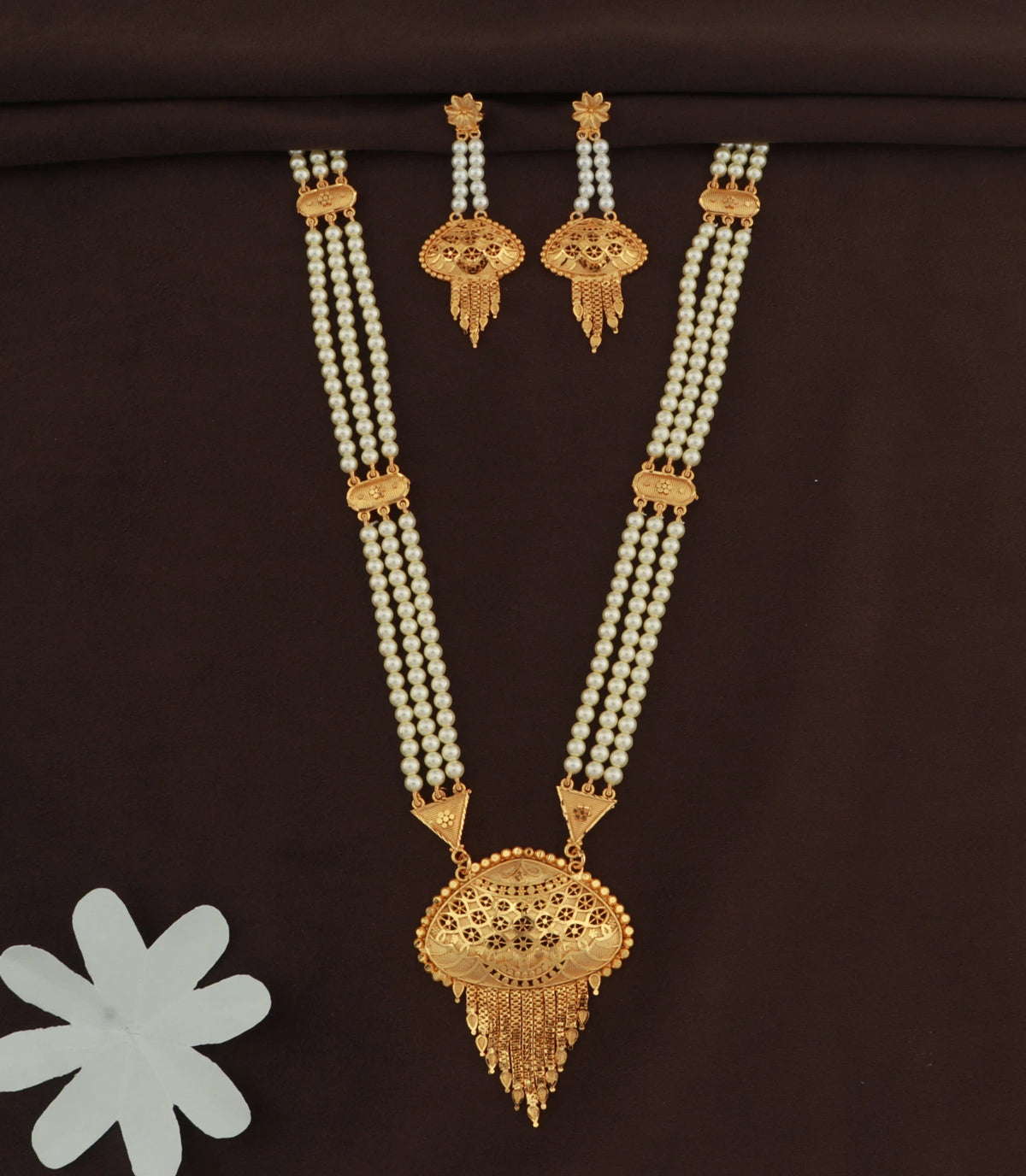 Gold Plated Oval Medallion Pearl Long Necklace