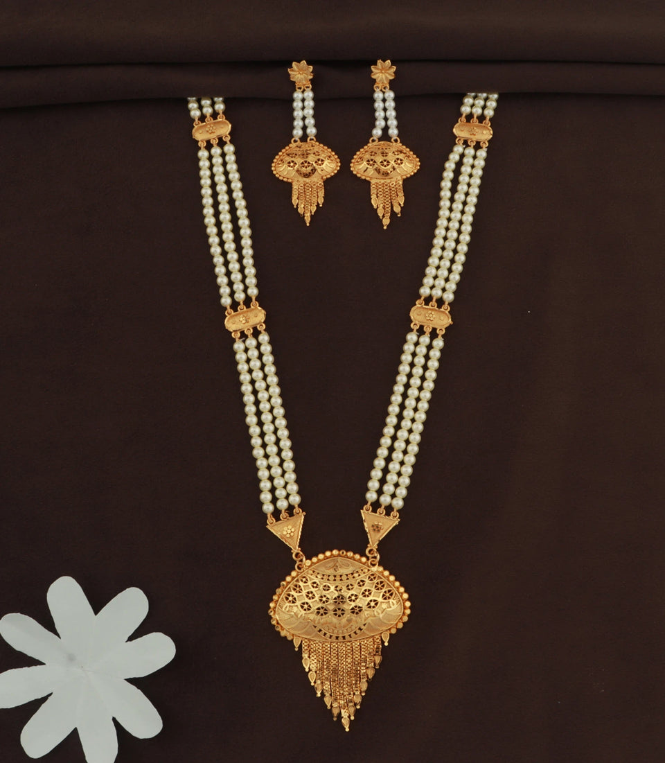 Gold Plated Oval Medallion Pearl Long Necklace