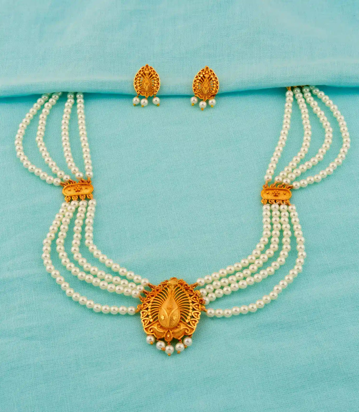 Gold Plated Draped Pearl Necklace Set