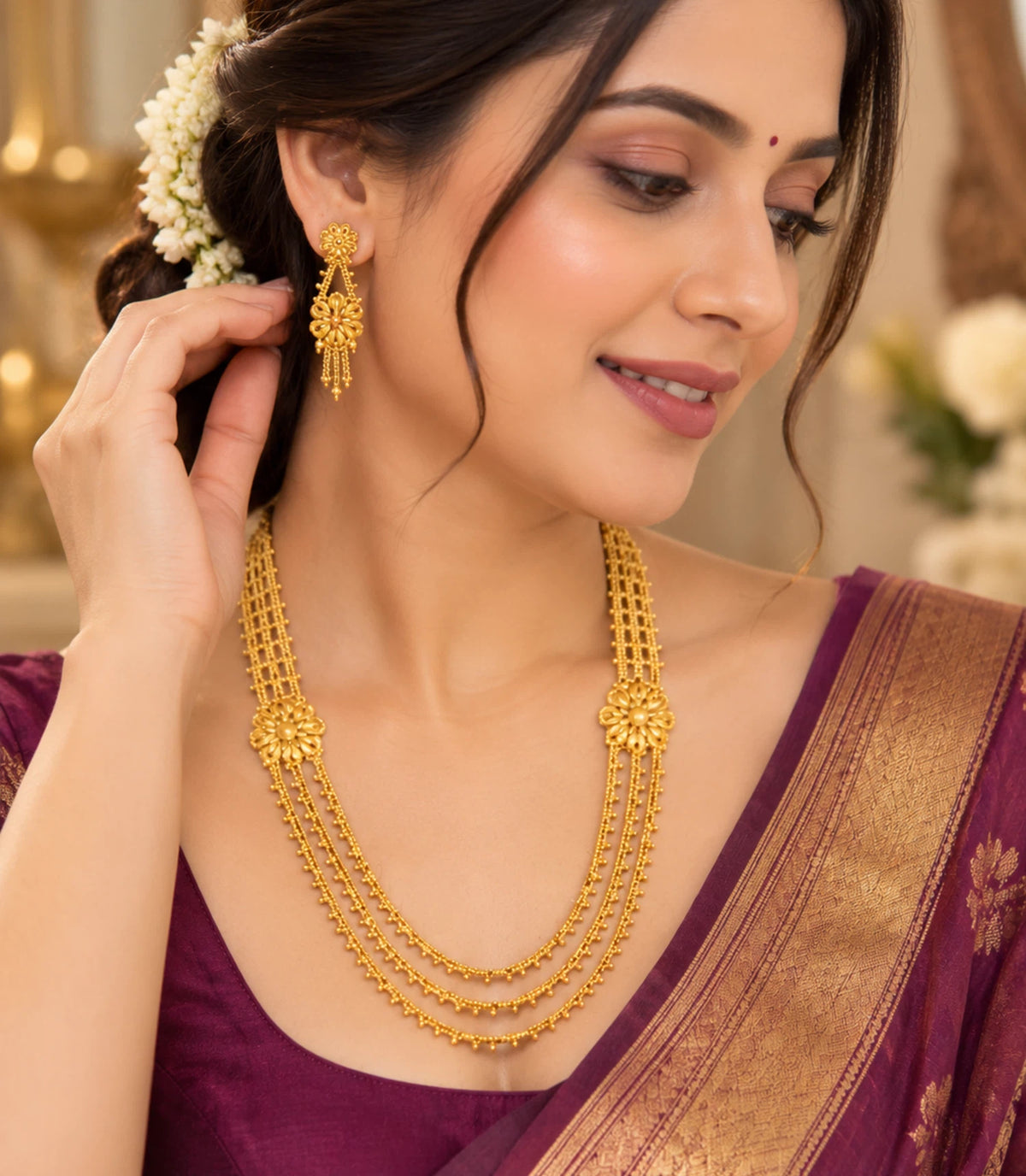 Gold Plated Wedding Layered Long Necklace