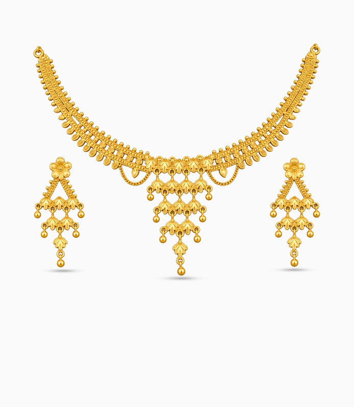 Gold Plated Cascading Leaf Necklace Set