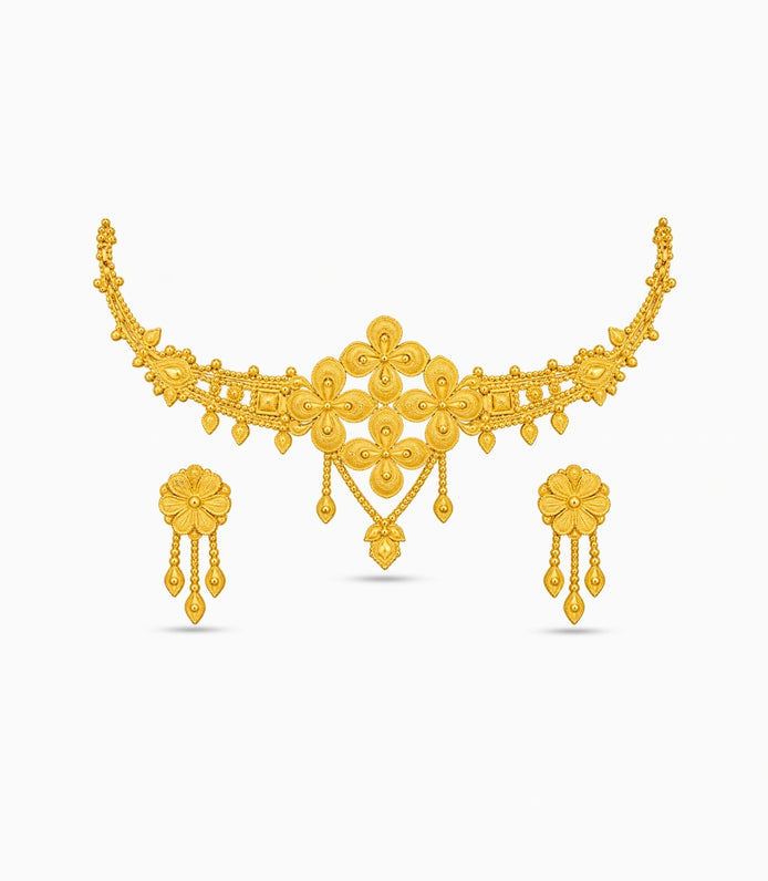 Gold Plated Quad-Floral Crest Choker Set
