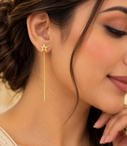 Gold Plated Sparkling Star Sui Dhaga Earrings