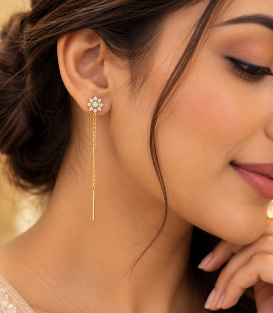 Gold Plated Floral AD Sui Dhaga Earrings