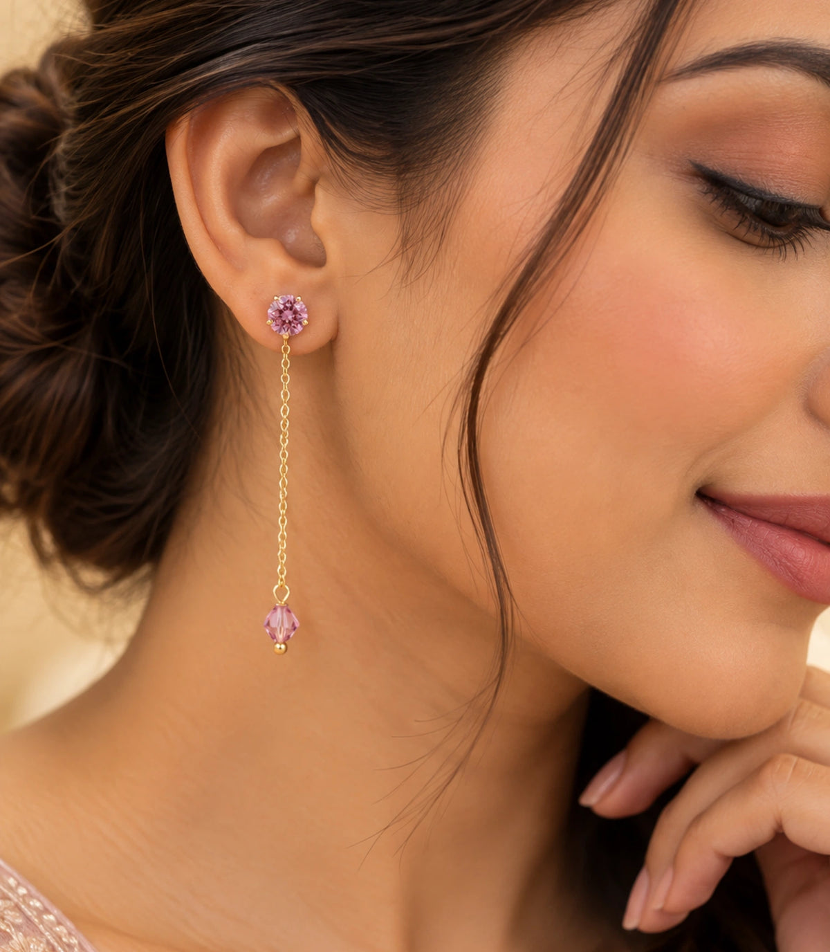 Gold Plated Round Pink AD Sui Dhaga Earrings