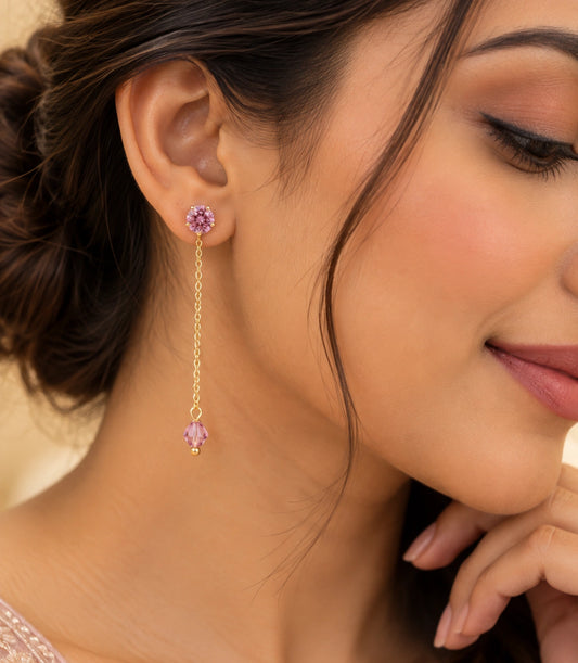 Gold Plated Round Pink AD Sui Dhaga Earrings