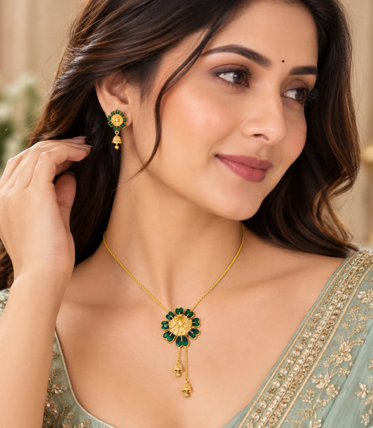 Gold Plated Green Enamel Lariat Necklace