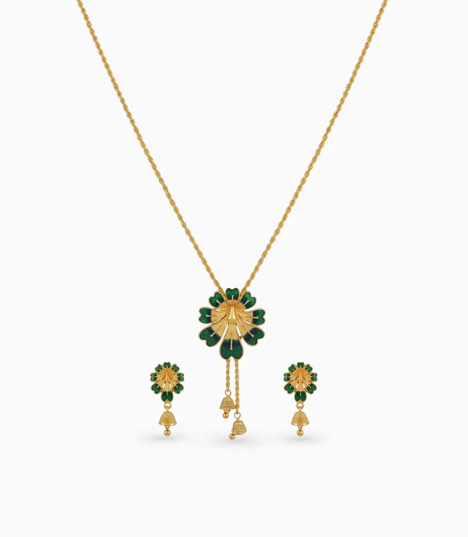 Gold Plated Green Enamel Lariat Necklace