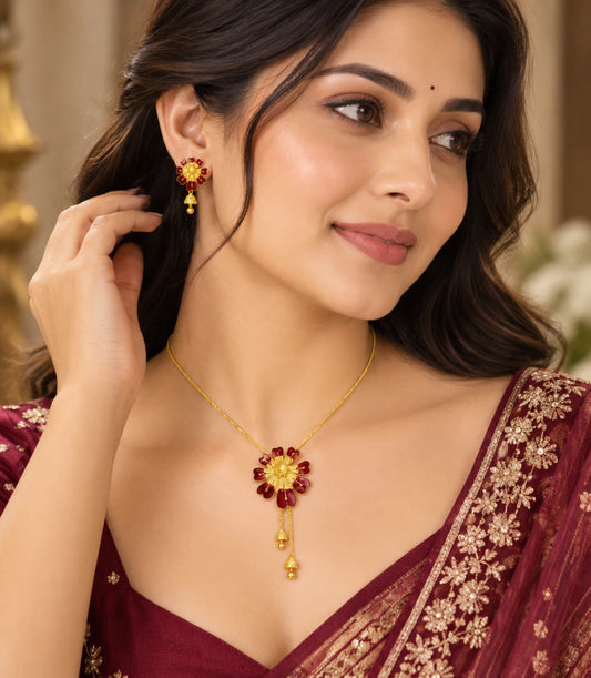 Gold Plated Maroon Enamel Lariat Necklace