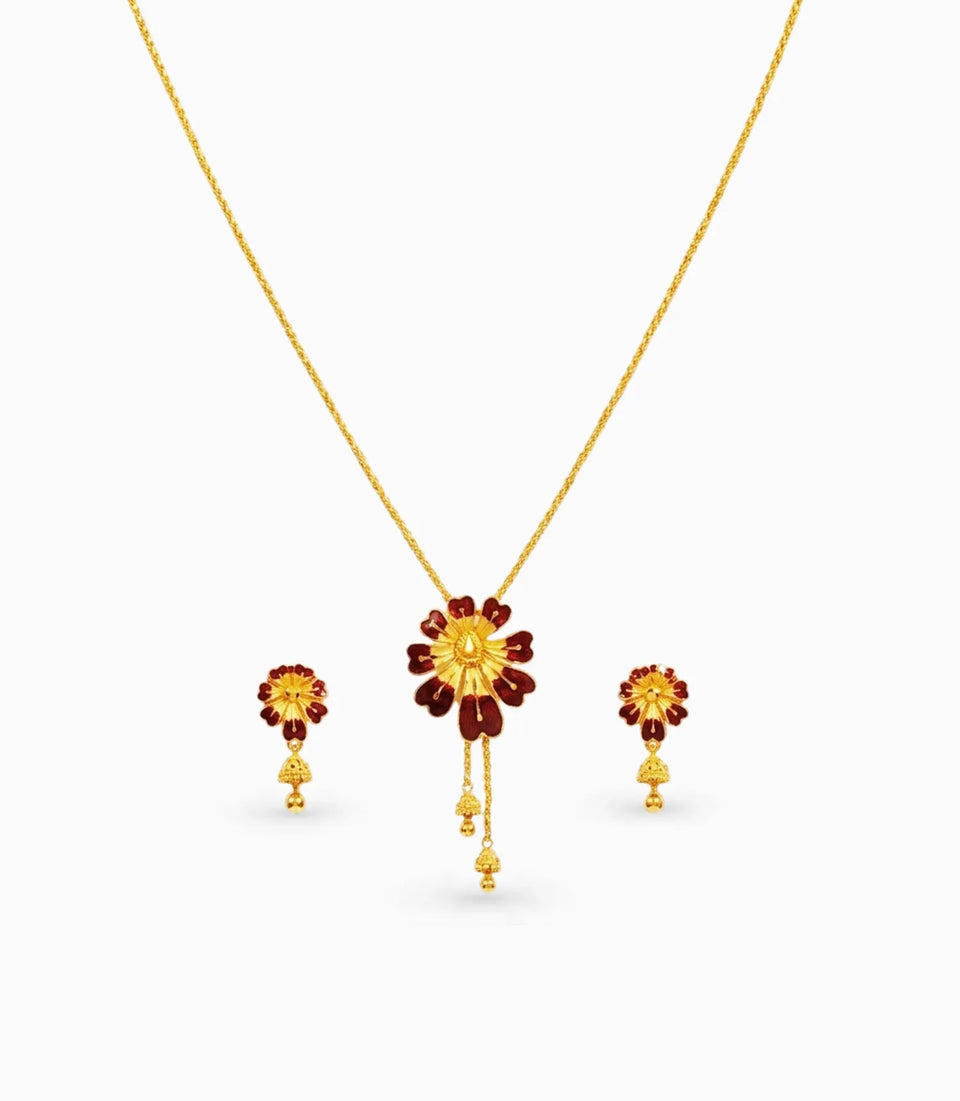 Gold Plated Maroon Enamel Lariat Necklace