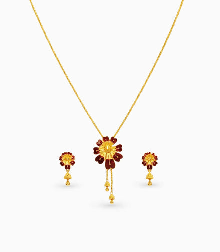 Gold Plated Maroon Enamel Lariat Necklace
