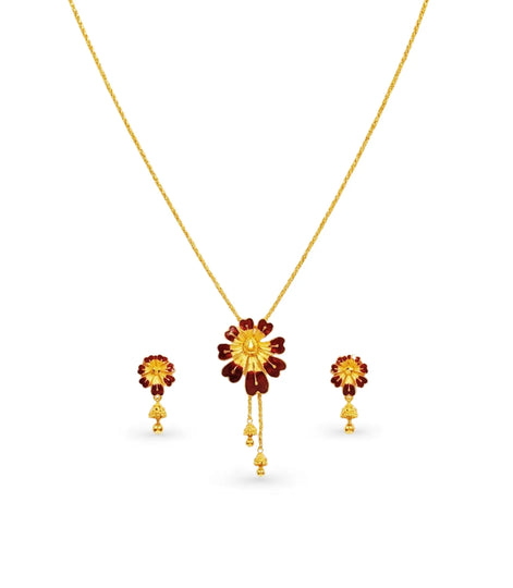 Gold Plated Maroon Enamel Lariat Necklace
