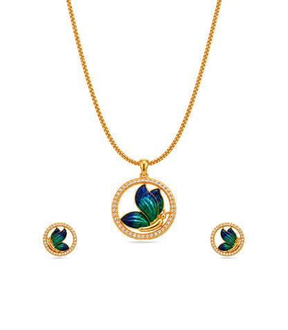 Gold Plated Enamel Round Butterfly Chain Pendant Set