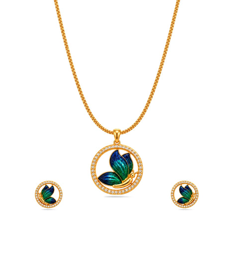 Gold Plated Enamel Round Butterfly Chain Pendant Set