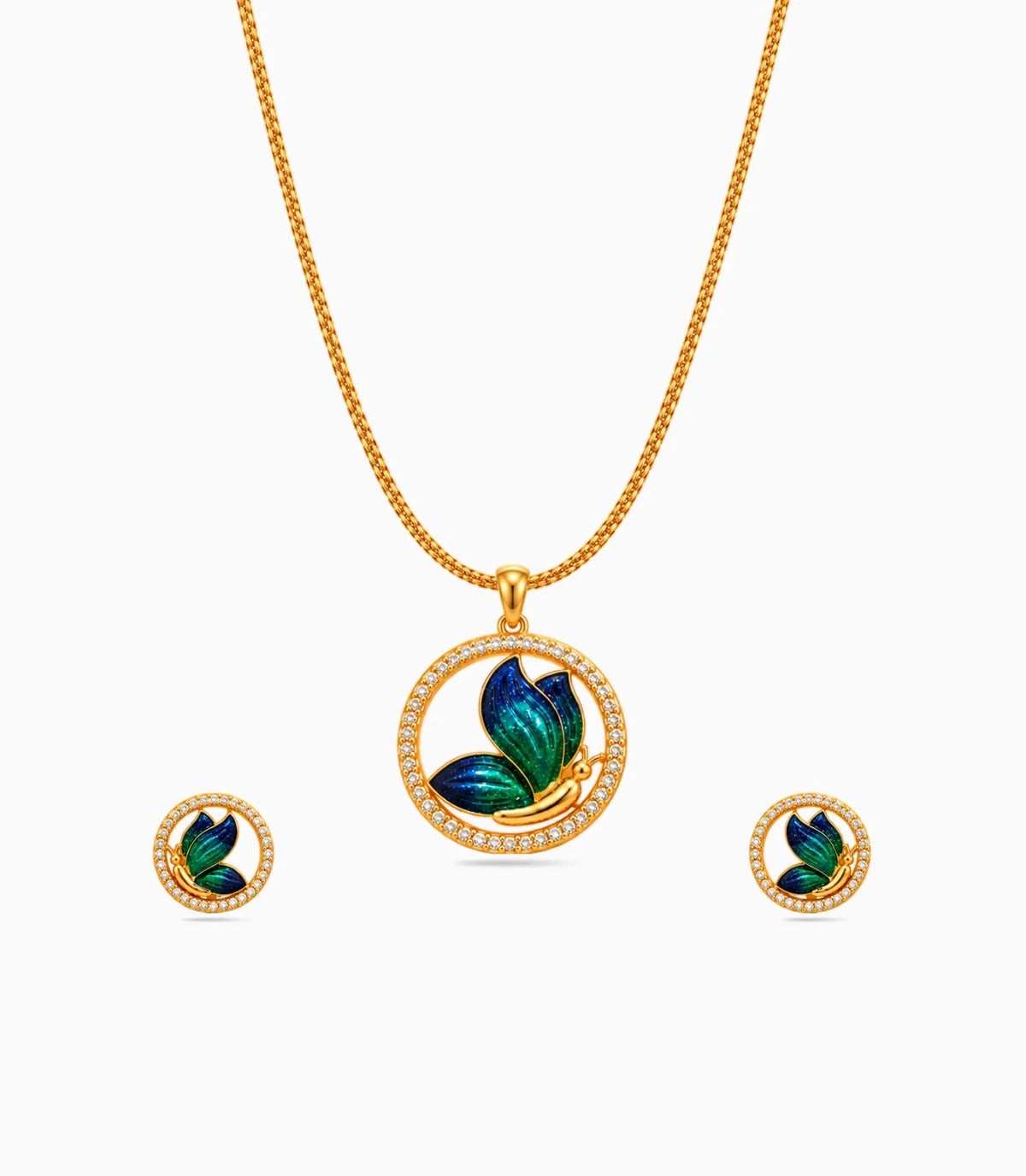 Gold Plated Enamel Round Butterfly Chain Pendant Set