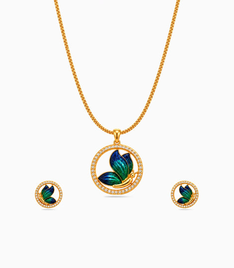 Gold Plated Enamel Round Butterfly Chain Pendant Set