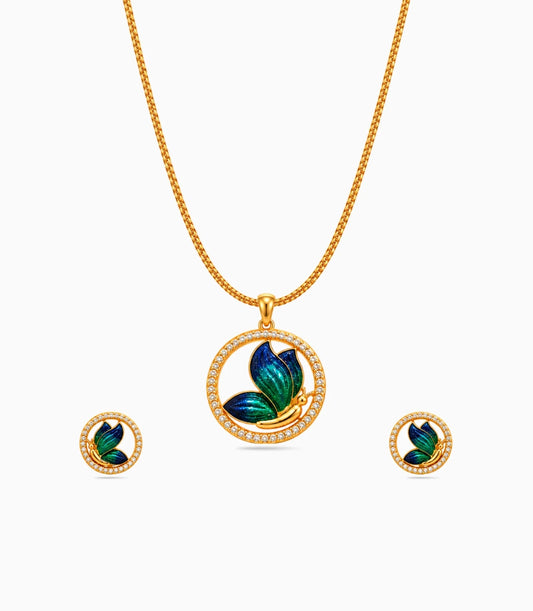 Gold Plated Enamel Round Butterfly Chain Pendant Set