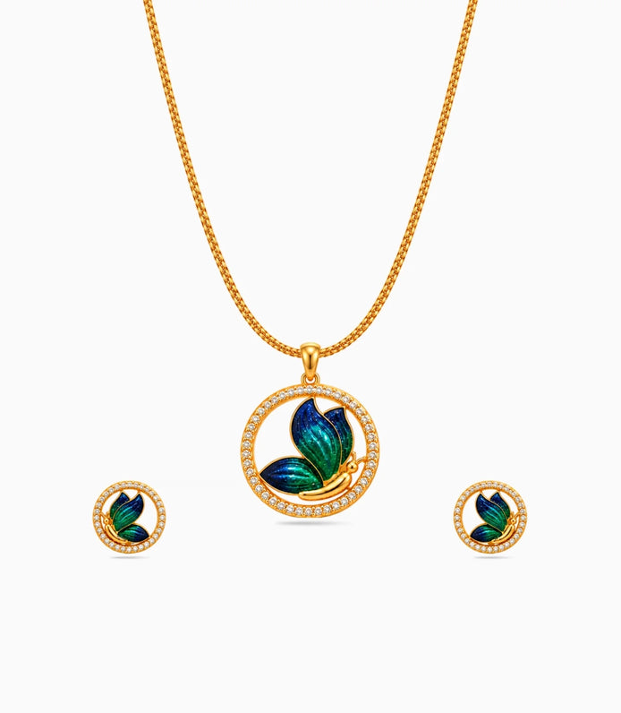 Gold Plated Enamel Round Butterfly Chain Pendant Set