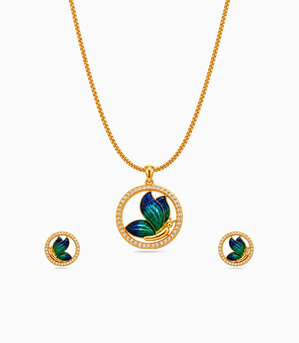 Gold Plated Enamel Round Butterfly Chain Pendant Set